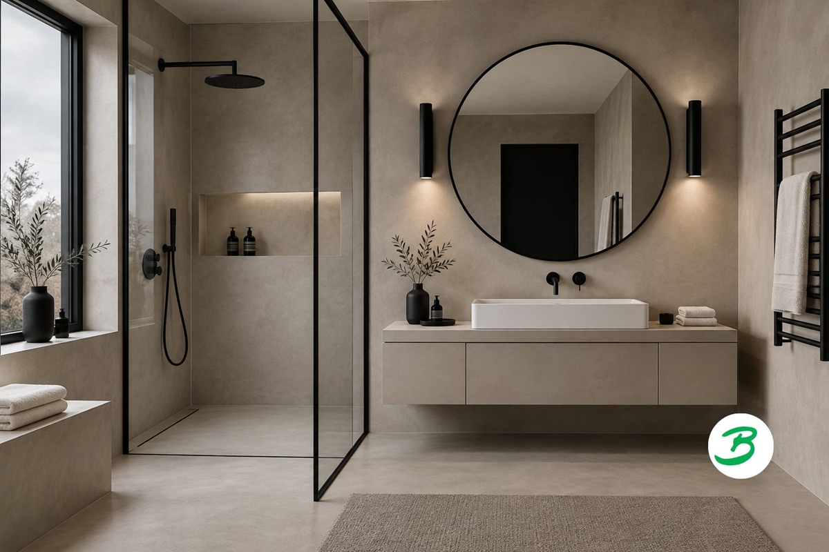 salle de bain en béton ciré beige et robinetterie noire